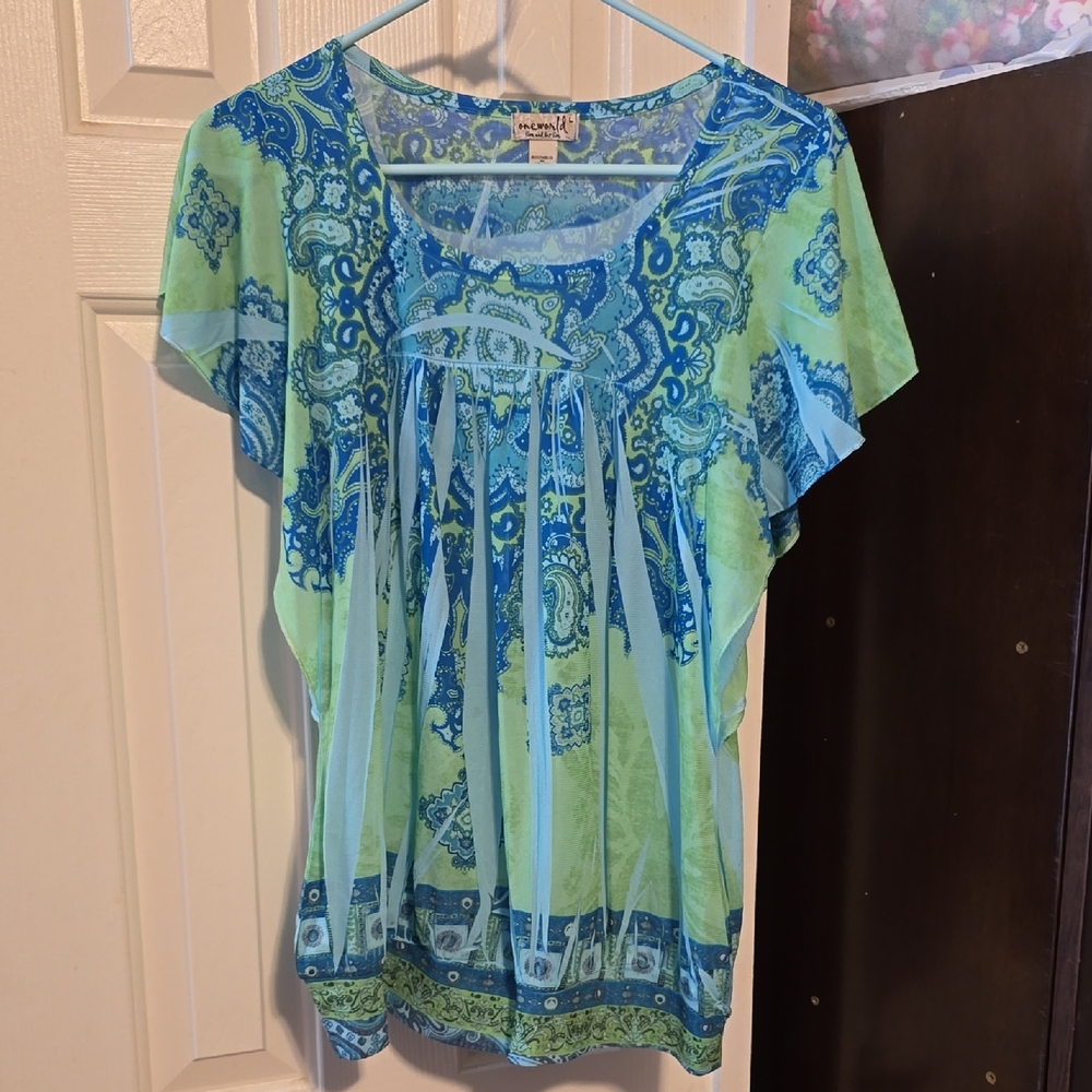 ONE WORLD Blue and Green Paisley Blouse